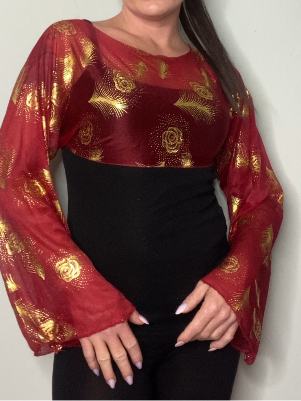 Upcycled Red Sheer Bell Sleeve Shrug S/M Gold Floral Scarf Top